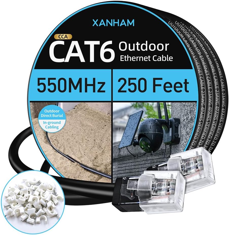 Cat6 屋外イーサネットケーブル 250フィート 防水 耐紫外線 直接埋設ジャケット CCA 銅クラッド Cat 6 UTP ネットワークケーブル インターネットとカメラ、CCTV用