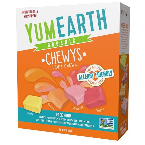 YumEarth Organic Chewys Fruit Flavored Candy Chews - Allergy Friendly, Gluten Free, Non-GMO, Vegan, No Artificial Dyes - Assorted Flavors, 10 oz.