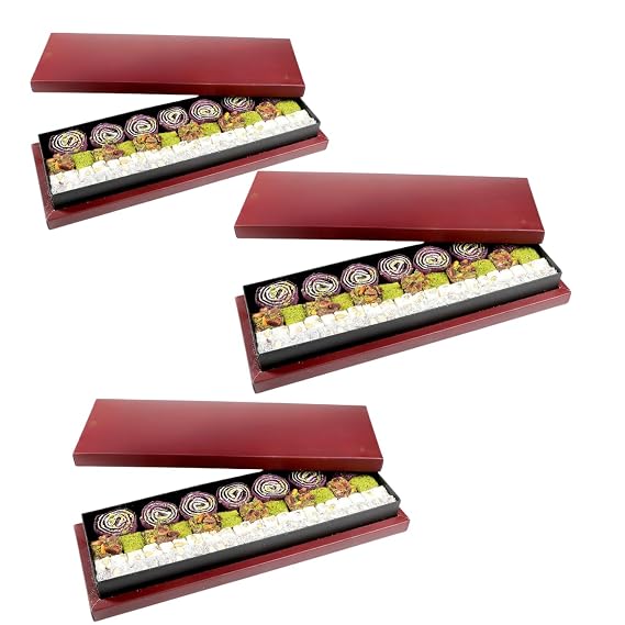 Sultan Bohca Baklava & Double Roasted Turkish Delight Burgundy Box - Mixed Luxury Turkish Delight, Eid and Gift Sweets - 1.76 lb x 3 Packet