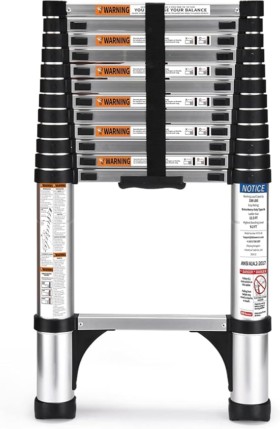 HBTower Telescopic Ladder 3.8 m Aluminium Folding Extending Ladder with Non-Slip Feet Robust &amp; Portable Load Capacity 150 kg Ideal for Gutter Cleaning &amp; Outdoor Repairs Silver
