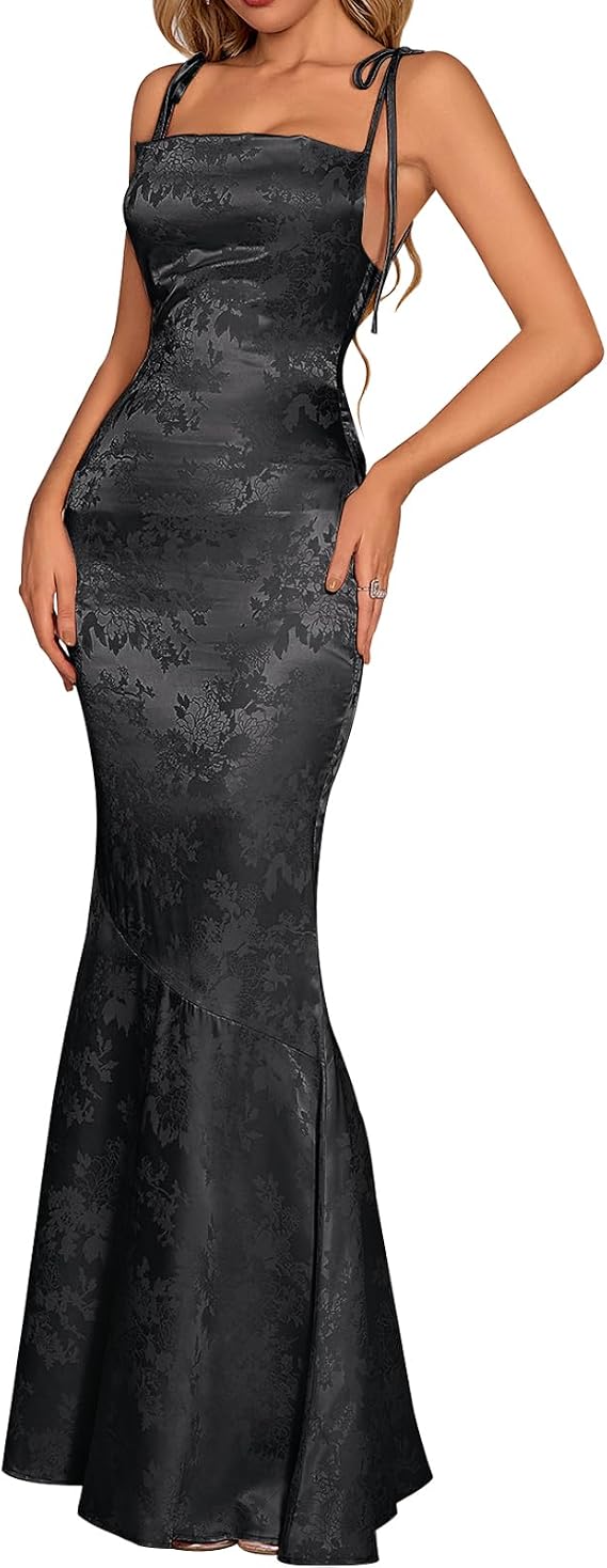 GLNEGE Wedding Guest Maxi Prom Dress Lace Up Satin Formal Dresses for Women | Spaghetti Strap Cocktail Elegant Bridal Shower Wgute Dress Bodycon Mermaid Long Evening Black Tie Dresses for Women