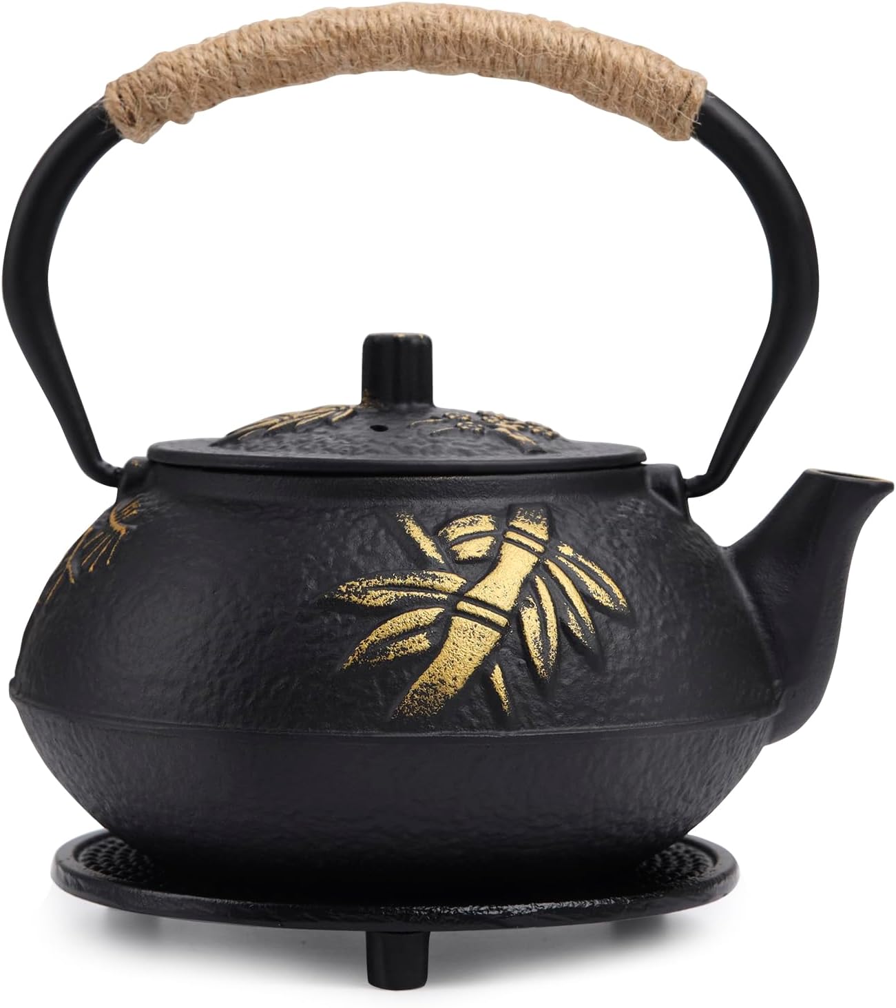 Fuloon Cast Iron Teapot, Japanese Teapot Literary Retro Pattern with Anti-scalding Handle,Trivet Base, Stainless Steel Filter 30oz0.9L Plum bamboo pattern