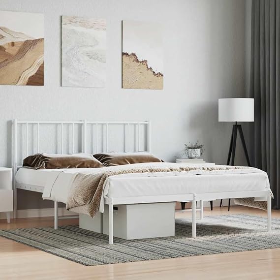 Double Bed Frame with Headboard, Heavy Duty King Size Metal Platform Bed Frame, Steel Black Bedroom Furniture for Master Guest Room（White,160 x 200 cm,with headboard）