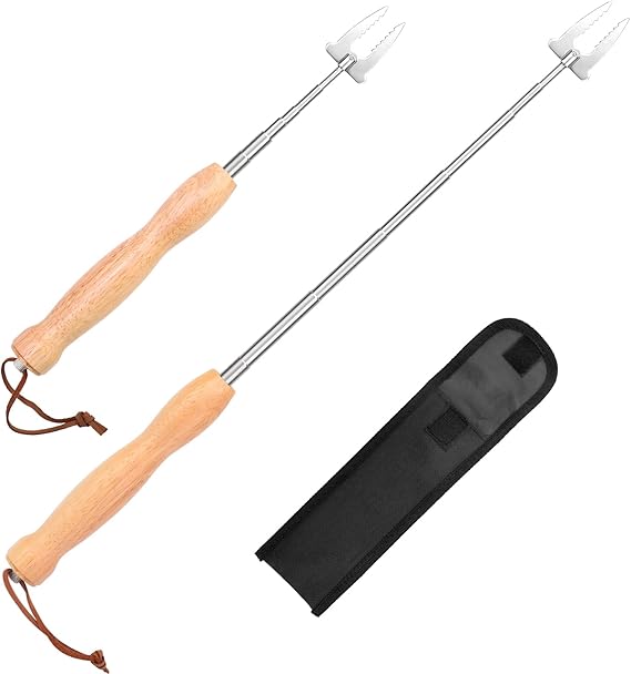 JC009 Barbecue Skewers Extendible Stainless Steel Wooden Handle Long Campfire Telescopic Extendable Kebab Skewers Meat Fork for Grilling, Campfire and Camping Pack of 2