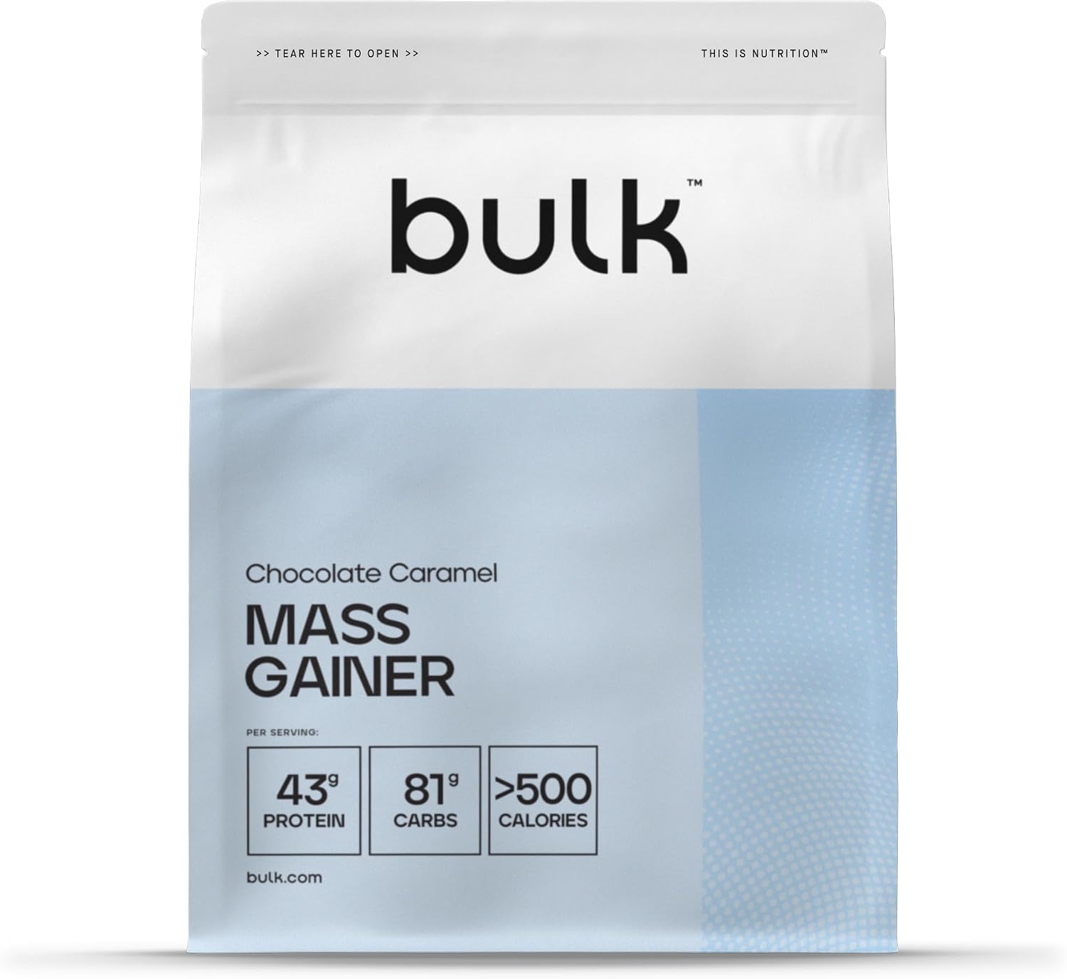 Bulk Complete Mass Gainer Chocolate Caramel 6 Servings 43 g Protein per Serving 81 g Carbohydrates 500 kcal per Serving Calorie Rich Gainer Supports Muscle Building and Maintenance
