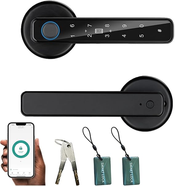 Smart Door Lock, 5-in-1 Fingerprint Door Lock, Automatic Smart Door Handle with APP Control/Fingerprint/IC Cards/Password/Backup Keys, Electronic Digital Locks Door Knob for Home Bedroom Hotel Office