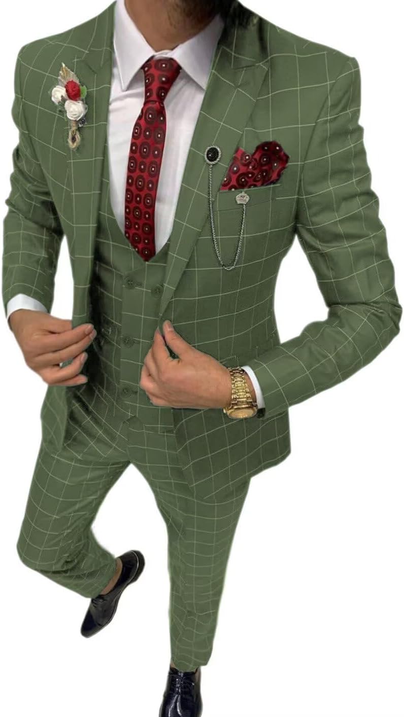 Solovedress Suits for Men 3-Piece Classic Checked Mens Suit Jacket Trousers Vest for Weddings and Business