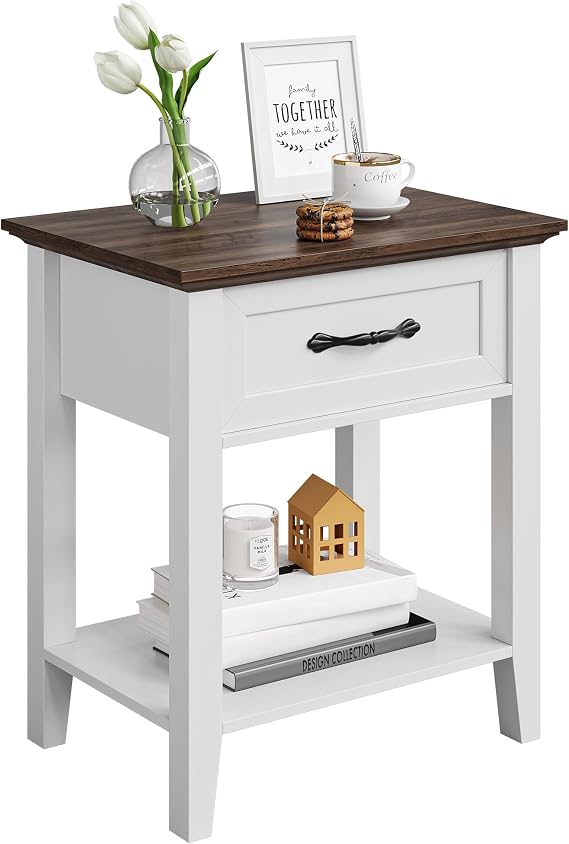 IDEALHOUSE Nightstand, End Table with Drawer, Side Table for Spaces, White | 2 Tiers Storage Shelves with Dresser, Bedside Table for Living Room, Bedroom, Dorm