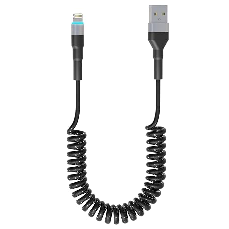 Coiled Lightning Cable Apple Carplay Compatible [Apple MFi Certified] Short USB to Lightning Apple Carplay Cable with Data Sync and LED, Retractable iPhone Charger Cord for iPhone/Pad/Pod