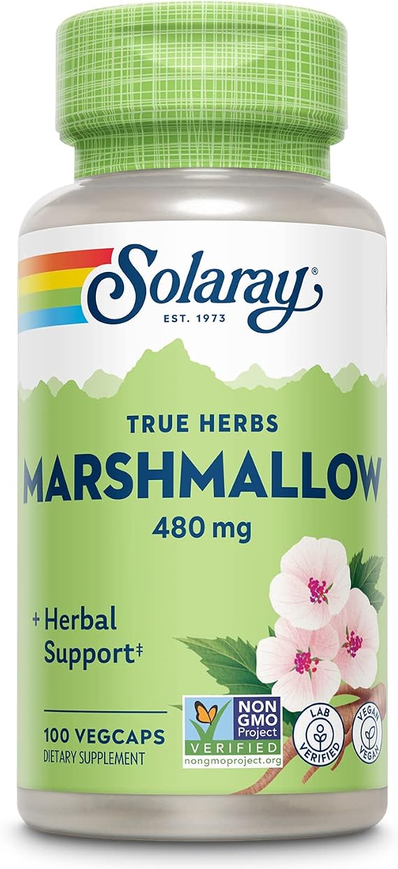 SOLARAY Marshmallow Root Capsules 480 mg - Soothing Herbal Support w/Whole Marshmallow Root - High in Mucilage Soluble Fiber, Vegan, Non-GMO, Lab Verified, 100 Servings, 100 VegCaps