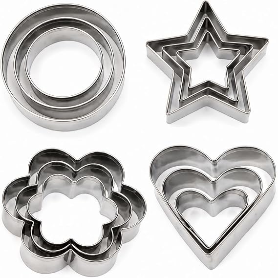 Promosyonca 12 Parça Paslanmaz Çelik Kurabiye Kalıp Seti, Kalp Yıldız Çiçek Daire Şekilli Hamur ve Kurabiye Kesme Kalıpları, Pasta ve Kurabiye Yapımı İçin Metal Kalıp Seti