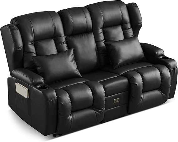 SAMERY Two-Seater Recliner Chair with Reclining Function 2-Seater TV Chair Cinema Chair 2-Seater TV Armchair Home Cinema Seats with Folding Centre Console 4 Drink Holders (Black 172 cm Two-Seater)