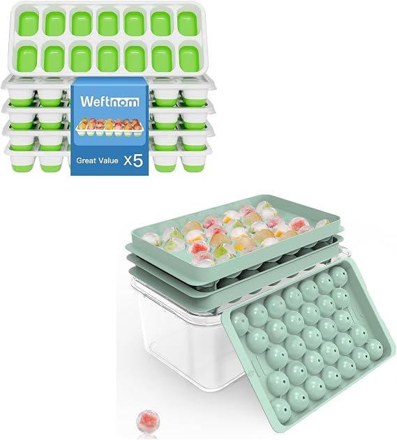 Ice Cube Trays with Lid and Bin, Silicone Plastic Ice Cubes Trays 7 Pack, Stackable Molds for Freezer, Storage Iced Bucket Kits BPA-Free and Odor-Free