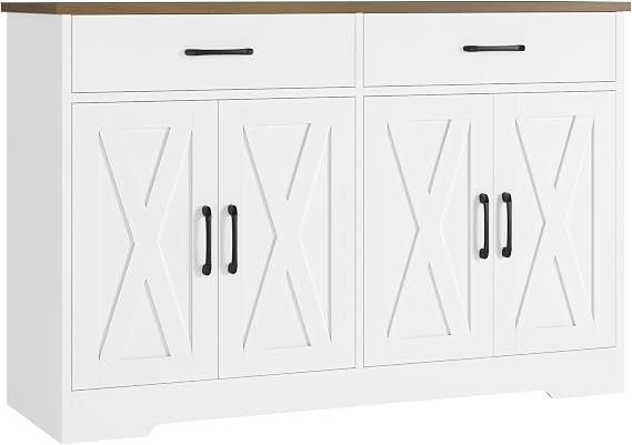 HOSTACK 47" W Kitchen Sideboard Buffet Cabinet with Storage Drawers, White | Farmhouse Kitchen Storage Cabinet with Doors and Shelves, Coffee Bar Cabinet, Buffet Table for Living Dining Room