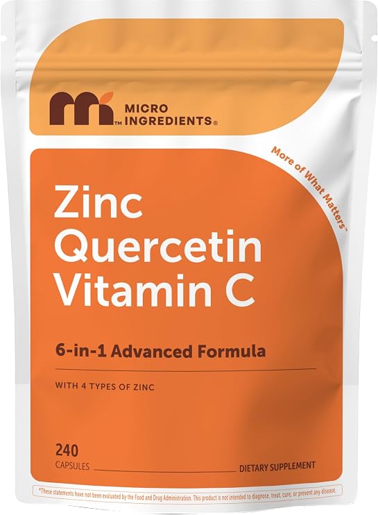 Micro Ingredients Quercetin with Vitamin C & Zinc, 240 Capsules | 6in1 Formula with Quercetin, Vitamin C & 4 Zinc Forms (Picolinate, Citrate, Glycinate, Gluconate) | NonGMO