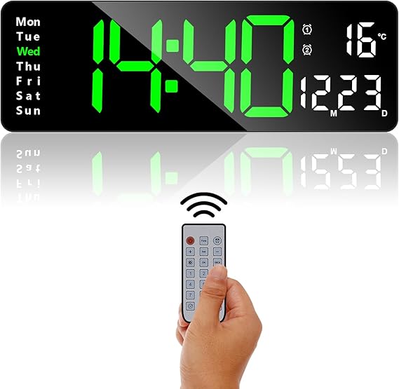 13" Large Digital Wall Clock With Remote Control, Dual Alarms, Temperature/Date/Time Display, Adjustable Brightness, Countdown Timer for Home, Gym, Office (Green)