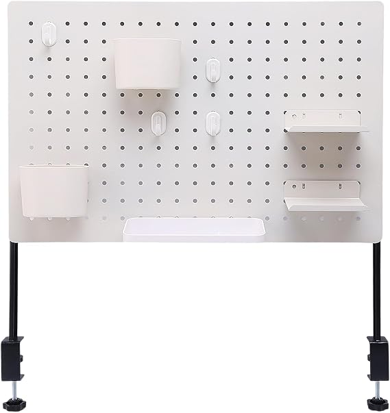 Clamp-On Desk Pegboard 60 x 40cm, White Metal Office Organiser Board