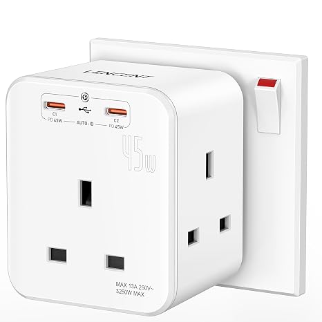 LENCENT 3 Way Plug Extension Socket with 2 Fast Charge USB, PD45W USB C | 5-in-1 Cube Multi Plug Extension USB C Wall Charger, Plug Extender for Home, Office, Kitchen, 13A 3250W