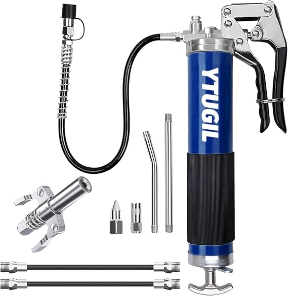 Grease Gun - Heavy Duty Grease Gun Flexible Hose, 8000 PSI Manual Gun Grease, Reinforced Coupler, Metal Pipes, Nozzles for Automotive & Machinery Maintenance