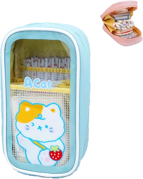Kawaii Pencil Case, Cute Anime Kawaii Pencil Pouch, Large Capacity Transparent Student Pencil Case for Girls Back To School (Color : Cat)