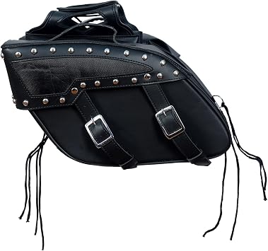Genuine Leather Motorcycle 2 Straps Studded Saddle Bag- Throw Over Saddlebags (Black)