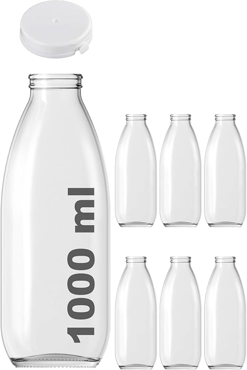1000 ml Şeffaf Sürahi Süt, Ayran, Su, Limonata, Meşrubat Şişesi 1000 Cc Yırtmalı Kapaklı Cam Şişe 6 Adet (6, Beyaz Kilitli Kapak, 1000)