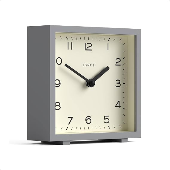 JONES CLOCKS Disco Desk Clock | Sleek Square Design | Gray | Stylish and Easy to Read for Shelf, Table, Mantel or Bedside