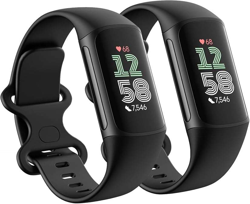 2 Pack Waterproof Bands Compatible with Fitbit Charge 6 / Charge 5 Bands | Soft Silicone Breathable Sports Adjustable Replacement Wristbands for Women Men