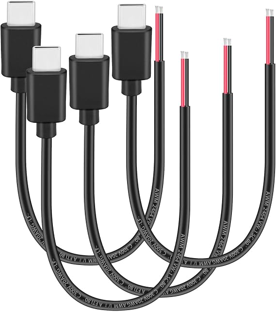 Yeebline USB C Male 2 Pin Bare Cable 4 Pack 11" 20AWG Replacement USB Type C Male Plug to 2 Pin Wire DIY Pigtail Cable Extension Power Cord Open End Adapter Connector 5V 5A