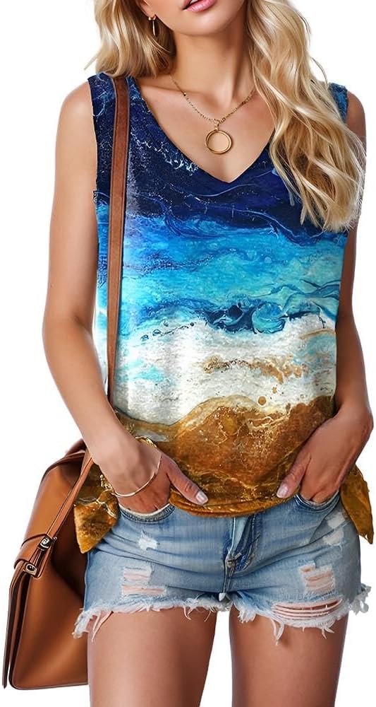 Womens Summer Tops Sexy Tie Dye V Neck Tank Top Loose Fit Cute Printed Workout Sleeveless T Shirts