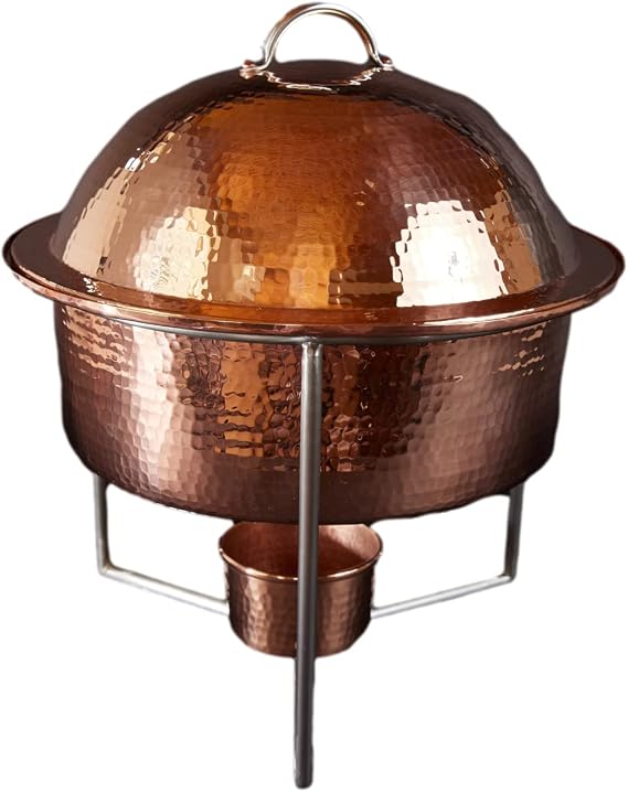 Sertodo Copper Round Byzantium Chafer, 4 quart capacity, Hand Hammered 100% Pure Copper
