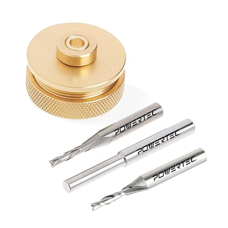 POWERTEC Router Inlay Kit, Solid Brass Bushing Guide Set w/ Alignment Pin, Tungsten Carbide 1/8" Upcut & Downcut Spiral Bits for Router Templates, 1/4" Shank, 1/2" Cutting Depth (72028)