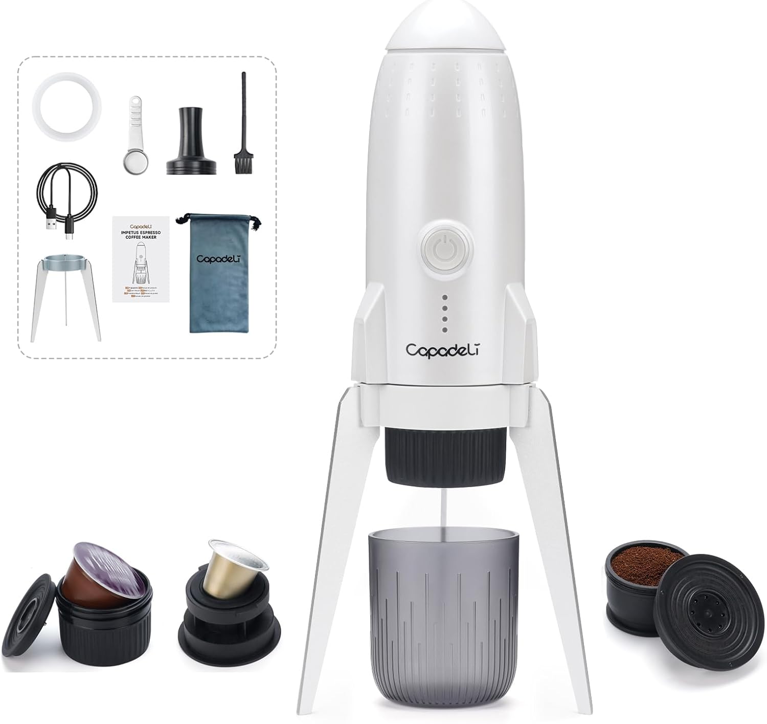 Portable Espresso Machine, 3 in 1 Electric Camping Coffee Maker, Self-Heating with USB-C, Compatible with NSDG Capsules and Ground Coffee for Home Travel White
