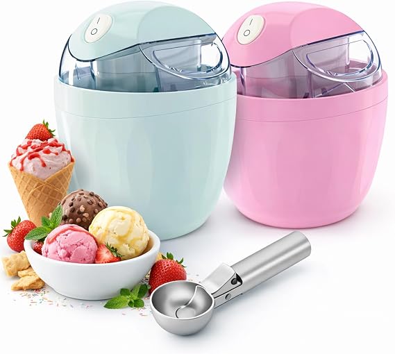 Mini Ice Cream Maker, 1QT Compact Frozen Yogurt, Sorbet & Gelato Machine, One-Touch Operation, 15-Min Fast Freeze, with Scoop, 2 Pack (Mixed)