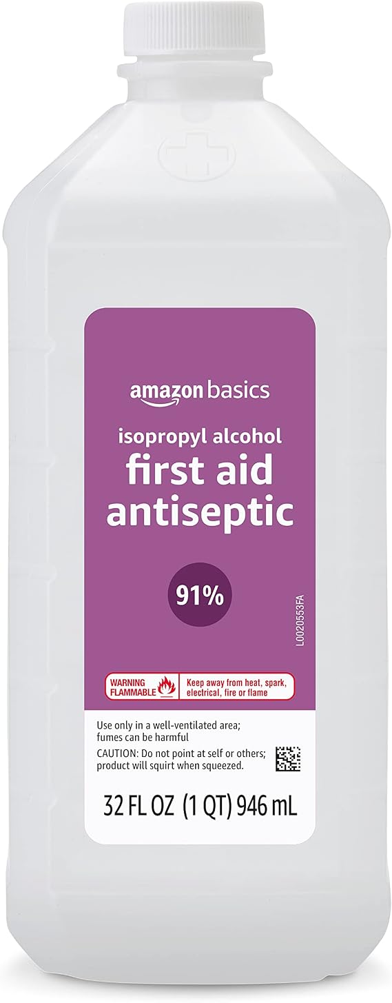 Amazon Basics Isopropyl Alcohol 91% First Aid Antiseptic, Multipurpose Disinfectant for Minor Cuts and Scrapes, Unscented, 32 fl oz Bottle, Pack of 1 (Previously Solimo)