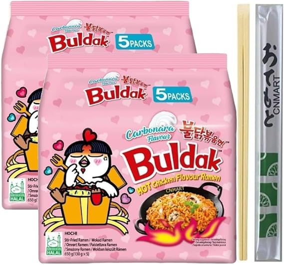 CNMART Korean Buldak Ramen Set - Carbonara Hot Chicken Spicy Stir Fried Ramyun Instant Noodle Halal (Pack of 10) with Chopsticks