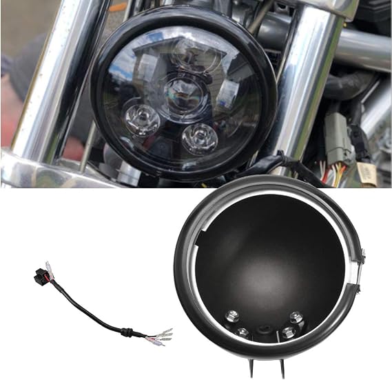 Motorcycle Round Headlight Bucket For 5.75 Inch Full LED Optics Black Housing With H4 Adapter Harness Compatible with Harley-Davidson & Custom Applications