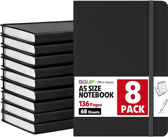 8 Pack Lined Journal Notebook for Work, A5 Hardcover (5.5" x 8.3"), Black 136 Pages Medium College Ruled Notebook Bulk, for Writing, Note Taking, Business Work School Home