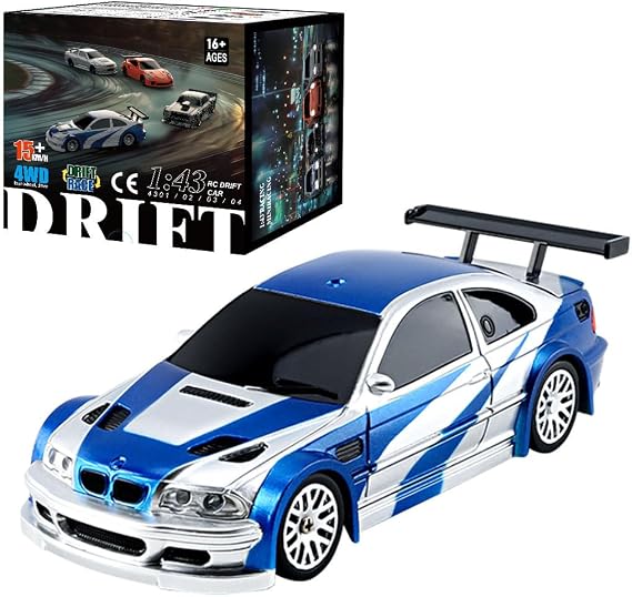 Remote Control Drift Car, 1:43 Mini Racing RC Drifting Auto Model with Lights Kit, Indoor Drift Vehicle Model Halloween Surprising for Adults (RTR Version/Blue White)