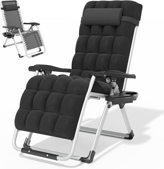 Magshion Zero Gravity Chair with Cushion, Reclining Outdoor Patio Lounge Chair, Folding Indoor Anti Gravity Recliner, Portable Lounger with Removable Cup Holder Side Tray and Pillow Headrest (Black)