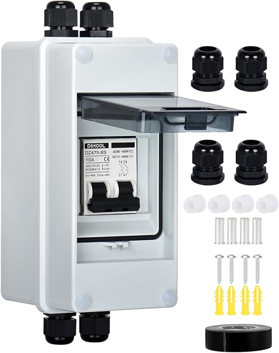 DIHOOL AC DC Circuit Breaker with IP65 Din Box for Solar Systems, 10 Amp 2 Pole 12V-400V, Non Polarized, Solar Panel Disconnect Switch, PV Array Shut Off Isolator