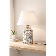 Desenli Seramik Abajur Beyaz Modern Masa Lambası, E27 Duy, 31–45 cm – Lent Handmade [Enerji Sınıfı A]