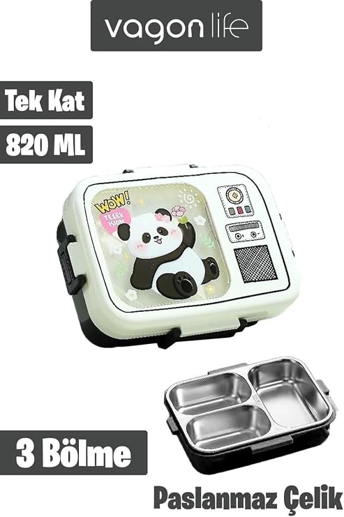 Paslanmaz Çelik Desenli Beslenme Kutusu - 820 ml Renkli ve Eğlenceli Çocuk Beslenme Kabı (Beyaz)