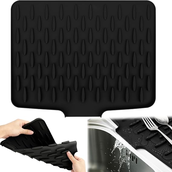 Silicone Draining Mat,Silicone Dish Drying Mat Non-Slip Sink Drainer Mat,No-Spill Mat & Heat Resistant Folding Draining Board Mat for Campervan Kitchen Counter,Sink (Black)