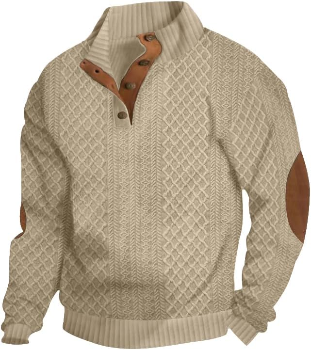 Mens Block Striped Sweatshirt Casual Outdoor Long Sleeve Stand Collar Pullover Sweatshirt Button Quarter Sweater