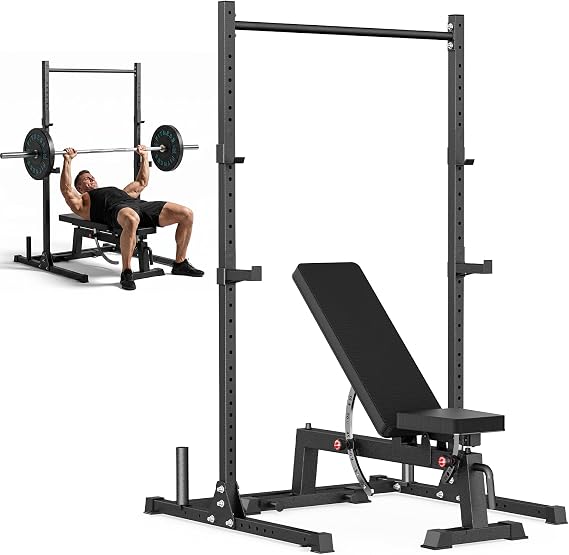 papababe Adjustable Weight Bench with Squat Rack, Multi-Functional Power Rack with J-Hooks and Safety Arms, Heavy-Duty Workout Bench with Two-Way Angle Adjustment for Home and Garage Gym