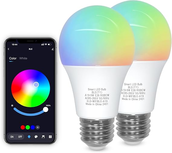 ORALUCE Bluetooth Smart Light Bulb 60 Watt, Dimmable Color Changing, 2 Pack | E26 Lightbulbs 9W A19, RGBCW Multicolor, Music Sync, Timer Schedule Settings (No WiFi Connection)