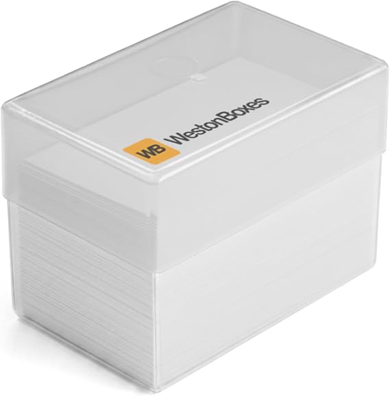 WestonBoxes 70mm Business Card Storage Box, Holds upto 250 BCBs, Clear | Snug drop-on lid | 95x60x70mm internal | Holds up to 250 business cards | Also stores trading cards | Made in Britain