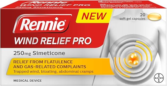 Rennie Wind Relief Pro, Effective Relief from Flatulence and Gas-Related Complaints, 250 mg Simeticone, 20 Soft Gel Capsules