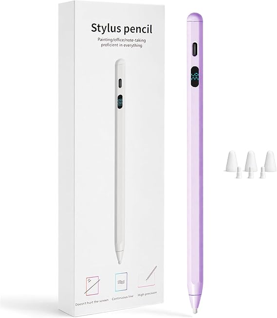 LED Battery Display Stylus Pen, Fast Charging Active Digital Pencil for iPad iPhone Samsung Android Tablets, Low Latency & Tilt Sensitivity for Note Taking/Drawing, No Bluetooth Needed (Purple)